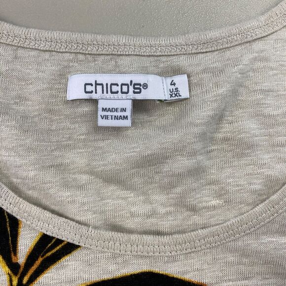Chicos Top Size 4 100% Linen Floral Tropical Coastal Scoop Neck Beige Tan XXL 2X - Picture 9 of 10